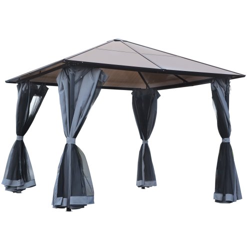Outsunnym 3 x 3(m) Hardtop Gazebo Canopy with Polycarbonate Roof, Aluminium Frame, Permanent Pavilion Garden Gazebo with Netting and Curtains - Grey