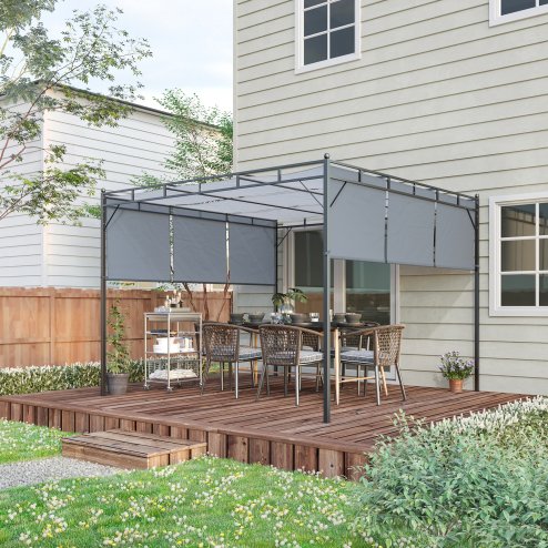 Outsunny 3 x 3(m) Steel Pergola Gazebo with Retractable Roof, Garden Gazebo Canopy Sun Shade Shelter for Outdoor, Deck, Patio, Dark Grey