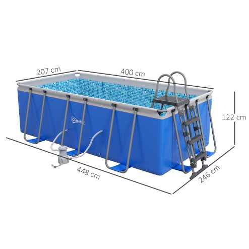 Outsunny 13 x 6.8 ft Steel Frame Swimming Pool with Filter Pump and Ladder with Removable Steps, Above Ground Swimming Pool, Rectangle Paddling Pool, 400 x 207 x 122 cm, Blue