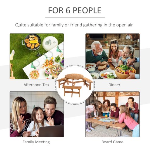 Outsunny 6 Seater Wooden Picnic Table and Garden Benches Set, Round Garden Dining Set with 3 Benches and Umbrella Hole Outdoor Garden Park, Brownish Red