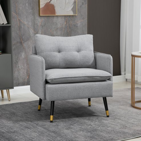 HOMCOM Modern One Seater Sofa, Button Tufted Armchair with Cushions and Steel Legs, Accent Chair for Living Room, Guest Room, Grey Image