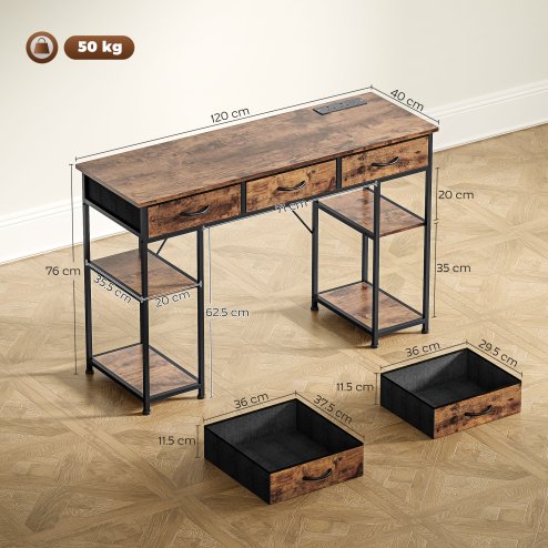 HOMCOM Computer Desk with Power Outlets, 120cm Home Office Desk with 3 Fabric Drawers and 4 Storage Shelves, Study Table Workstation for Bedroom