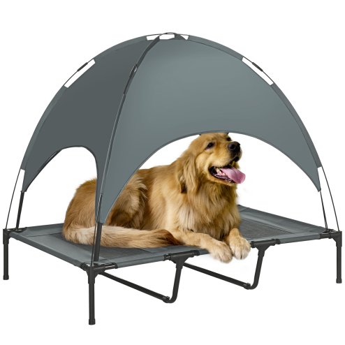 PawHut Raised Dog Bed Waterproof Elevated Pet Cot with Breathable Mesh UV Protection Canopy Grey, for XL Dogs, 122 x 92 x 108cm