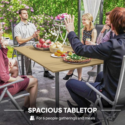 Outsunny Garden Dining Table for 6 Person, Rectangle Outdoor Coffee Table with 5 cm Parasol Hole, Slatted Tabletop and Steel Frame for Patio Balcony, Brown