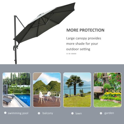 Outsunny 3(m) Patio Offset Parasol Roma Umbrella Cantilever Hanging Sun Shade Canopy Shelter Tilt 360 Rotation with Aluminium Frame Hand Crank Cross Base, Dark Grey