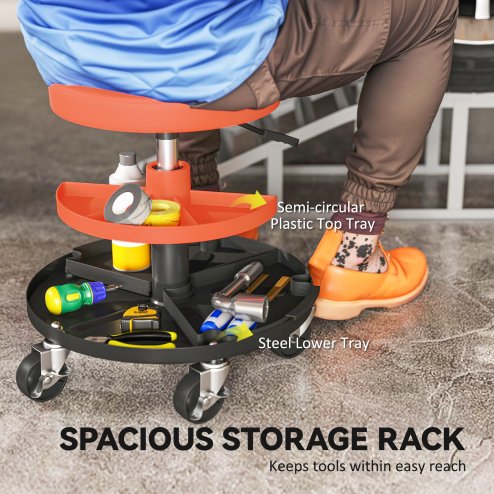 HOMCOM Rolling Mechanic Stool, 135kg Capacity Workshop Stool, 360?? Swivel Roller Padded Creeper Seat with Wheels, Tool Trays Storage for Garage, Shop, Auto Repair, Yellow