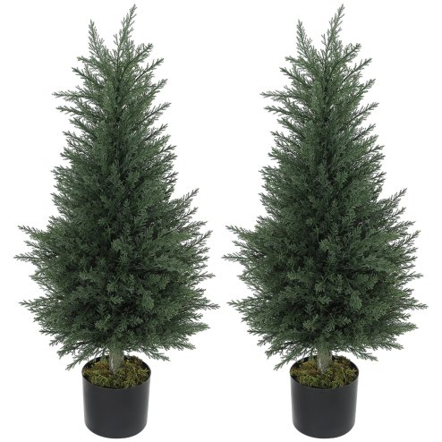 HOMCOM Set of 2 Decorative Artificial Plant, 90 cm Cypress Tree with 362 Leaves in Pot, UV-Resistant Plastic Fake Tree for Indoor Outdoor Home Office