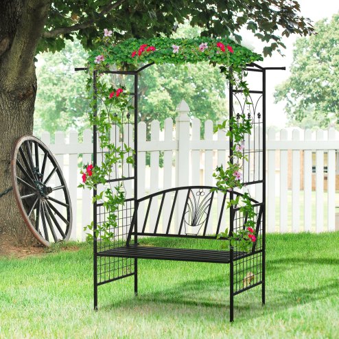 Outsunny Metal Garden Bench with Arch Arbour, Outdoor Patio Loveseat Bench Seat with Rose Trellis Pergola Climbing Plant Archway Tubular - 154L x 60W x 205Hcm