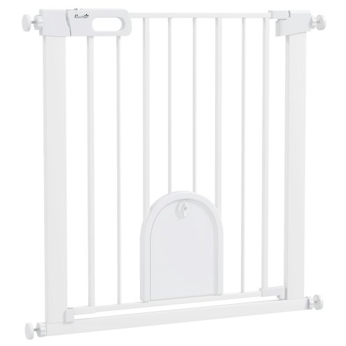 PawHut Dog Gate with Cat Flap Pet Safety Gate Barrier, Stair Pressure Fit, Auto Close, Double Locking, for Doorways, Hallways, 75-82 cm White