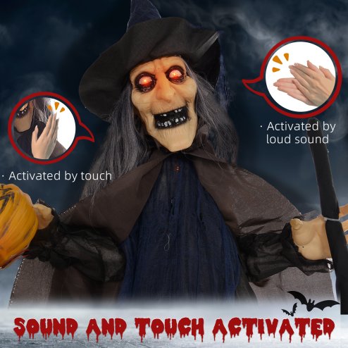 HOMCOM 190cm Witch with Broomstick Outdoor Halloween Decoration, Halloween Animatronic with Sound Activated, Light Up Eyes, Sound Effects, Animated Prop for Haunted House