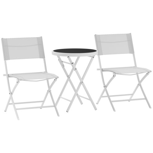 Outsunny 3 Pieces Outdoor Bistro Set, Glass Top Outdoor Table and 2 Folding Chairs, Garden Furniture Set with Protecting Feet, Steel Frame, Easy Clean, White
