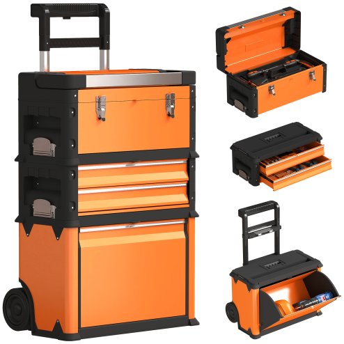 HOMCOM 3-in-1 Rolling Tool Box, Stackable, Modular Powder Coated Steel Toolbox with Tray, Handles, Latches, Wheels, Heavy Duty Tool Storage System for Workshop, Garage, 520mm x 320mm x 720mm, Orange