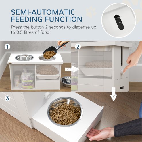 PawHut Raised Dog Bowls, Dog Feeding Station with Slow Feeder Mat, Storage Cabinet, 3 Stainless Steel Bowls, Semi-Auto Dispenser Function, for Large, Extra Large Breeds, White