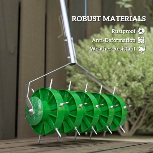 Outsunny Rolling Lawn Aerator, Manual Grass Spike Roller, Heavy Duty Garden Aerator with 3 Piece Detachable Handle and T-bar Grip, Outdoor Garden Lawn Tool, Dark Green