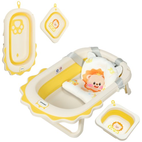 AIYAPLAY Portable Baby Bathtub Set, Foldable Baby Bath Tub with Support Cushion Pad, Wash Basin, Non-Slip Stand and Bottom, for Infants, Yellow