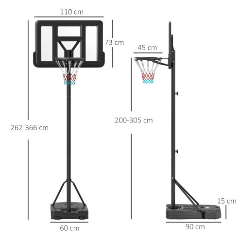 SPORTNOW Height Adjustable Basketball Hoop and Stand, Freestanding Basketball Stand, Net w/ Wheels, Enlarged Base, PE Backboard, 2-3.05m - Black