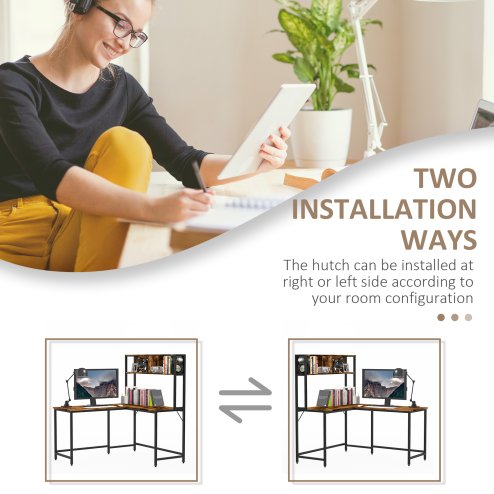 HOMCOM L Shaped Desk with Book Shelf, Industrial Corner Computer Desk, Writing Table with Steel Frame for Home Office, Bedroom, Study Room, 140 x 125cm, Brown