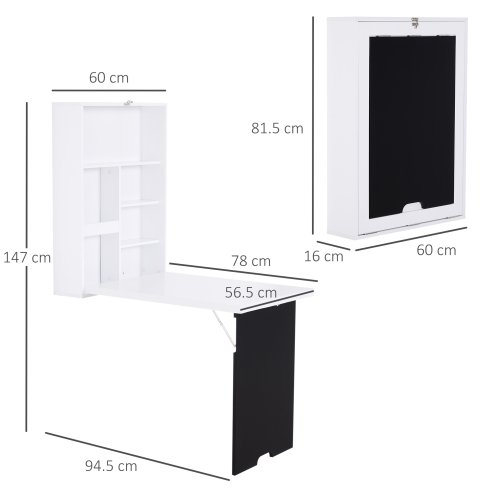 HOMCOM Folding Wall-Mounted Drop-Leaf Table, Convertible Wall Table With Chalkboard and Storage Shelf, Multifunctional Floating Desk for Home Office