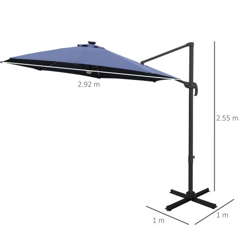 Outsunny 3(m) Cantilever Roma Parasol Garden Sun Umbrella Outdoor Patio with 360 Rotation Crank & Tilt Aluminium Frame LED Solar Light Cross Base, Blue