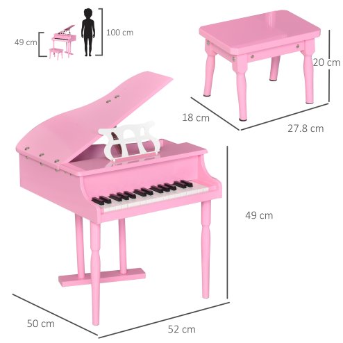 HOMCOM 30 Keys Kids Keyboard Piano Mini Piano Set Grand Piano with Music Stand and Bench Pink