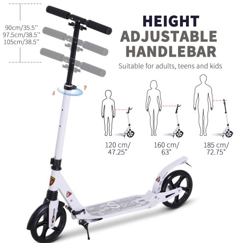 HOMCOM Folding Kick Scooter, Adjustable Ride On Scooter with 200mm Big Wheels and Double Shock Absorption, Urban Scooter for 14+ Teens Adult, White