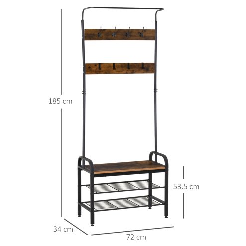 HOMCOM Coat Rack Stand Industrial hallway Shoe Rack Removable Hooks Metal Wood Hangers Storage Cabinet Rustic Brown 72LX34WX185H(cm)