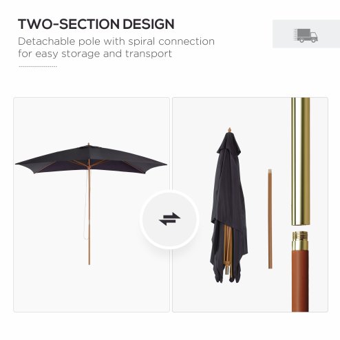 Outsunny 2 x 3m Wooden Garden Parasol Umbrella Outdoor Sun Shade Canopy, Table Market Umbrella with Vent, 38 mm Pole, Rope Pulley Mechanism, Black
