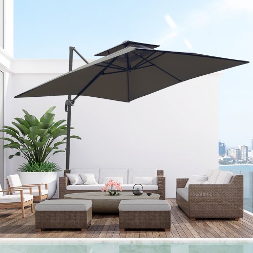 Outsunny 2.7 x 2.7(m) Cantilever Parasol with Aluminium Frame, Crank and Tilt, 360-Degree Rotation, Double Top Garden Umbrella with Base and Cover, Dark Grey