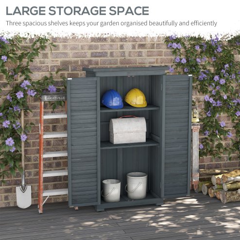 Outsunny Small Shed, Wooden Garden Storage Shed, 3 Shelves Outdoor Tool Shed Cabinet with Asphalt Roof and Shutter Doors, 87cm x 47cm x 160cm, Grey