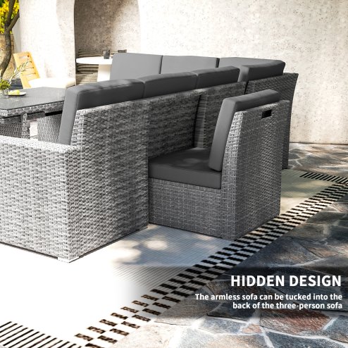 Outsunny 10 Seater Rattan Dining Set with Expandable Table and Nesting Chairs, Rattan Garden Furniture Set with Cushions, Outdoor Dining Table and Chairs, Sectional Corner Sofa Set, Light Grey