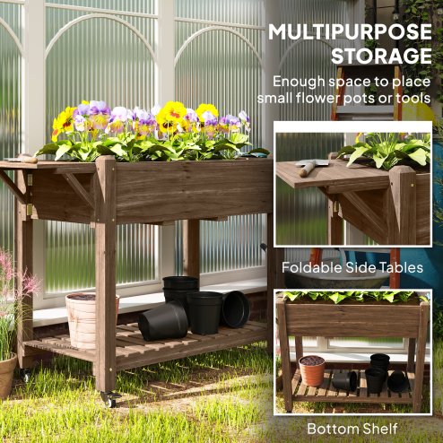 Outsunny Raised Garden Bed, Wooden Elevated Planter Box with Lockable Wheels, Side Tables and Bottom Shelf, Outdoor Planter with Liner and Drainage Holes for Vegetables, Flowers, Fruits, Carbonised