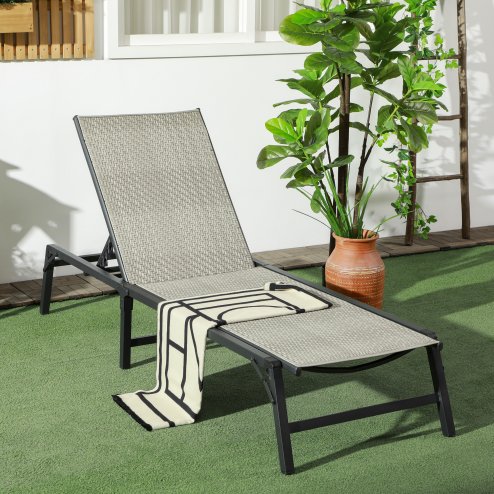 Outsunny Foldable Outdoor PE Rattan Sun Lounger, Patio Wicker Recliners Lounge Chair w/ 5-Level Adjustable Backrest, for Poolside, Garden, Mixed Grey