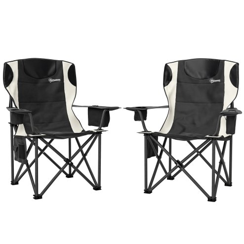 Outsunny Set of 2 Folding Camping Chairs, Padded Camping Chairs with Adjustable Armrests, Portable & Lightweight Folding Camp Chair with Cooler Bag, Cup Holder and Side Pockets, Black Image