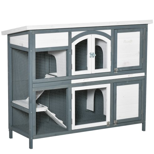 PawHut Rabbit Hutch Outdoor Guinea Pig Hutch 2 Tier Wooden Cage w/ Ramp, Divider, Openable Roof, 125 x 48 x 100cm - Grey