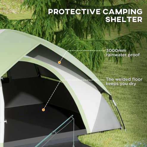 Outsunny Camping Tent, 2 Man Dome Tent, 3000mm Waterproof, with Sewn-in Groundsheet, Carry Bag and Top Hook, for Fishing Hiking Festival, Grey and Green