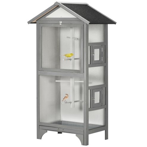 PawHut Wooden Bird Cage Budgie Cage Outdoor for Finch, Canary w/ Slide Tray, Asphalt Roof - Grey