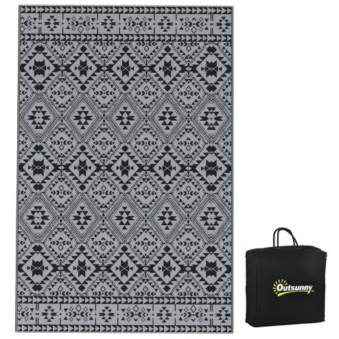 Outsunny Reversible Outdoor Rug with Carry Bag, Waterproof Plastic Straw Mat for Garden, Deck, RV, Picnic, Beach, Camping, 182 x 274cm, Black and Grey