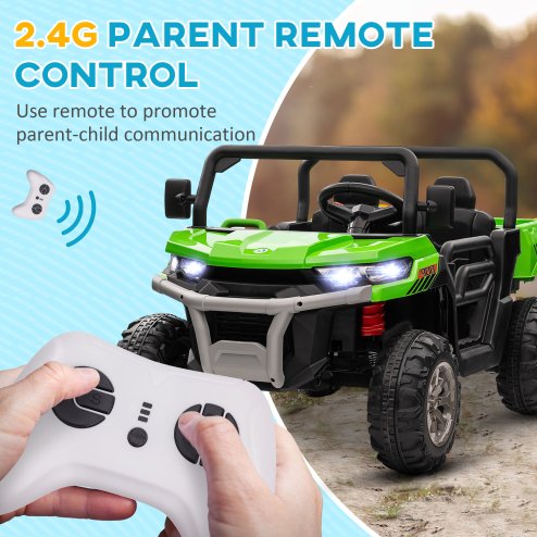 HOMCOM 2 Seater Kids Ride On Car with Electric Bucket, 12V Battery Powered Electric UTV with Shovel, Parental Remote, 4 Spring Suspension Wheels, Working Horn, Music - Green