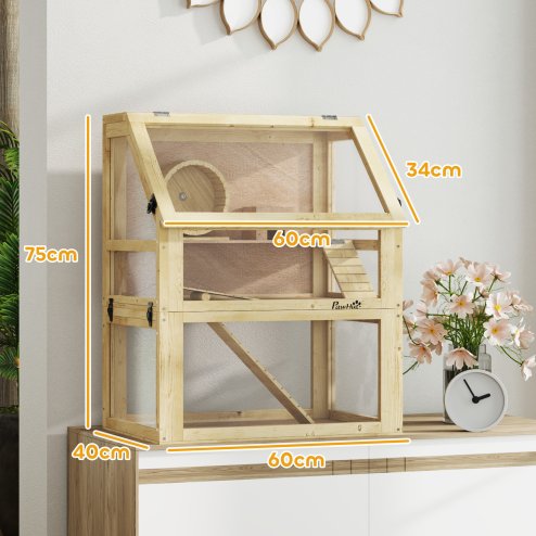 PawHut Wooden Hamster Cage, 3 Tier Gerbil Cage with Detachable 32cm Deep Bottom, Hut, Seesaw, Exercise Wheel, Ramps, Natural Wood Finish