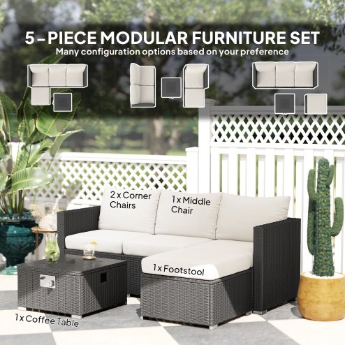 Outsunny 5 Piece Rattan Garden Furniture Set with Gas Fire Pit Table, 4 Seater Outdoor Sectional Sofa Set with Footstool and Removable Cushions, Modular Combination, Black and Cream White