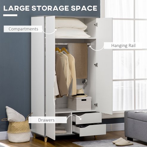 HOMCOM 2 Door Wardrobe with 2 Drawers, Storage Cupboard with Clothes Hanging Rail, Shelves and Anti-tipping Design, Modern Bedroom Furniture, White