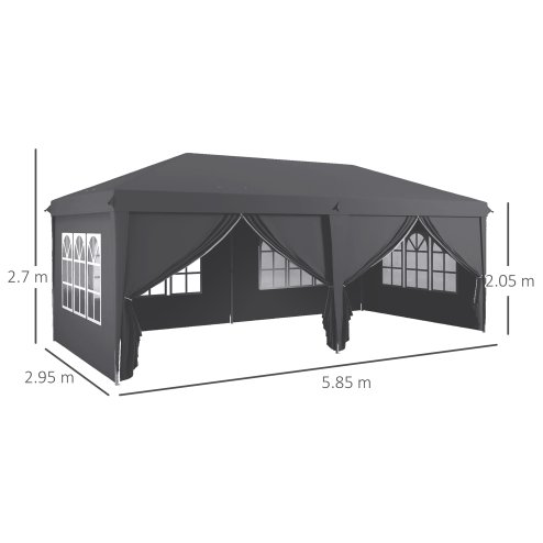 Outsunny 3 x 6 m Pop Up Gazebo with Sides and Windows, Height Adjustable Wedding Camping Party Tent Canopy Marquee with Storage Bag for Garden, Event, Grey