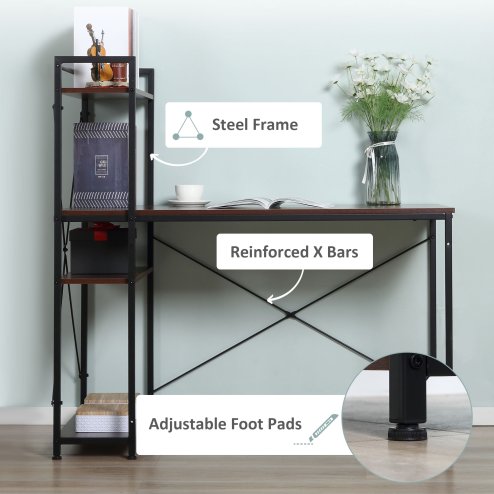 HOMCOM Computer Desk with Storage Shelves on Left or Right, Industrial Reversible Writing Desk for Home Office, Study, Easy Assembly, 120 x 64 x 121cm
