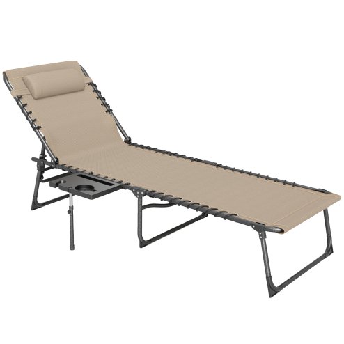 Outsunny Folding Sun Lounger with Side Table, 5-Level Adjustable Reclining Sun Lounger Chair, Portable Garden Recliner Sunbed with Side Pocket, Head Pillow for Patio, Beach, Beige