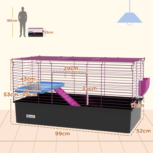 PawHut Guinea Pig Cage Chinchillas Rabbit Small Animal Cage with Ramp, Dish, Water Bottle, 99 x 52 x 53cm, Black