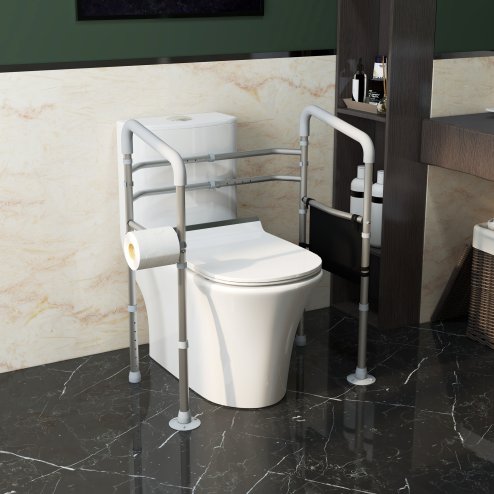 HOMCOM Free Standing Toilet Frame, Height and Width Adjustable Toilet Safety Frame with Arms, 2 Additional Suction Cups, Storage for Elderly, Disabled, Handrail Grab Bar, 136kg Weight Capacity