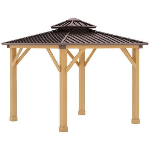 Outsunny 3x(3)M Outdoor Hardtop Gazebo Canopy with 2-Tier Roof and Solid Wood Frame, Outdoor Patio Shelter for Patio, Garden, Brown
