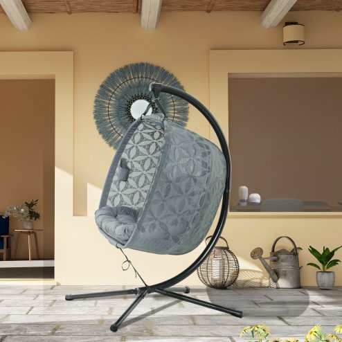 Outsunny Outdoor Double Hanging Chair, Swing Chair with Metal Stand, Thick Padded Cushion, Foldable Basket and Cup Holders, for Indoor and Outdoor, Charcoal Grey