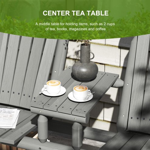 Outsunny Wood Patio Chair Bench 2 Seats with Centre Coffee Table, Garden Bench for Lounging and Relaxing Outdoors, Grey