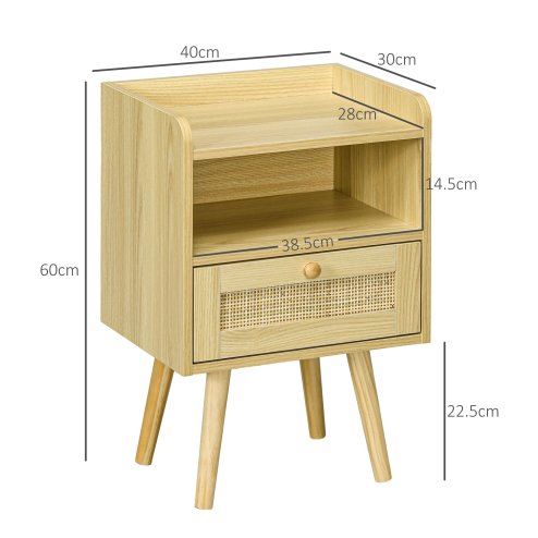 HOMCOM Bedside Tables Set of 2, Boho Styled Nightstand with Drawer, Storage Compartment and Rattan Accent, Side End Table for Bedroom, 40 x 30 x 60cm, Natural Wood Finish